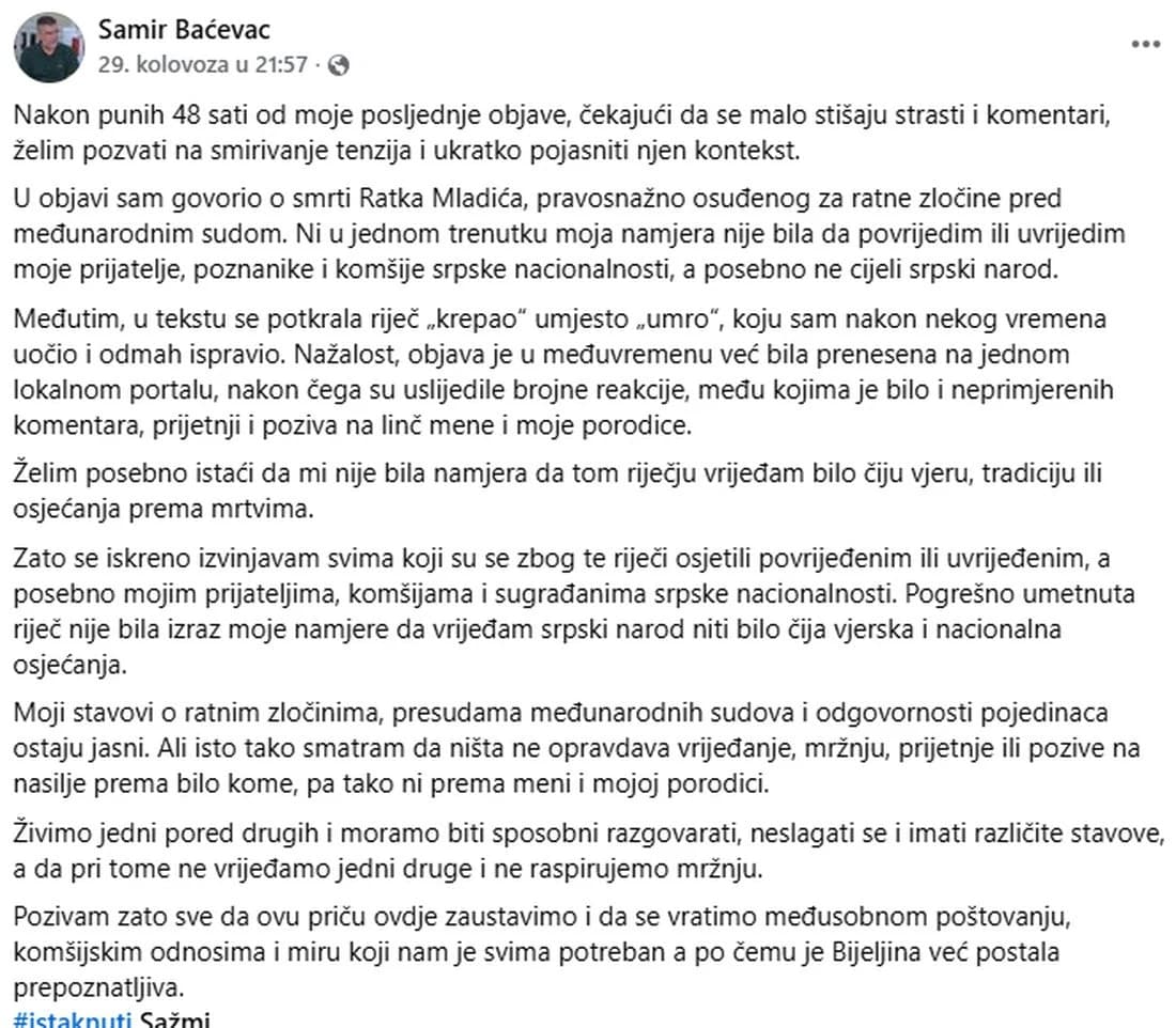 Objava Samira Baćevca