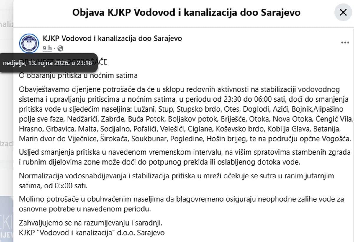 Obavijest ViK-a Sarajevo
