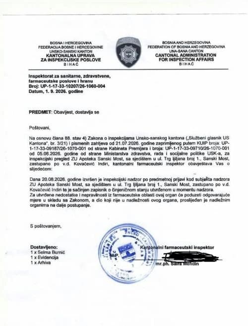 Obavijest Inspektorata
