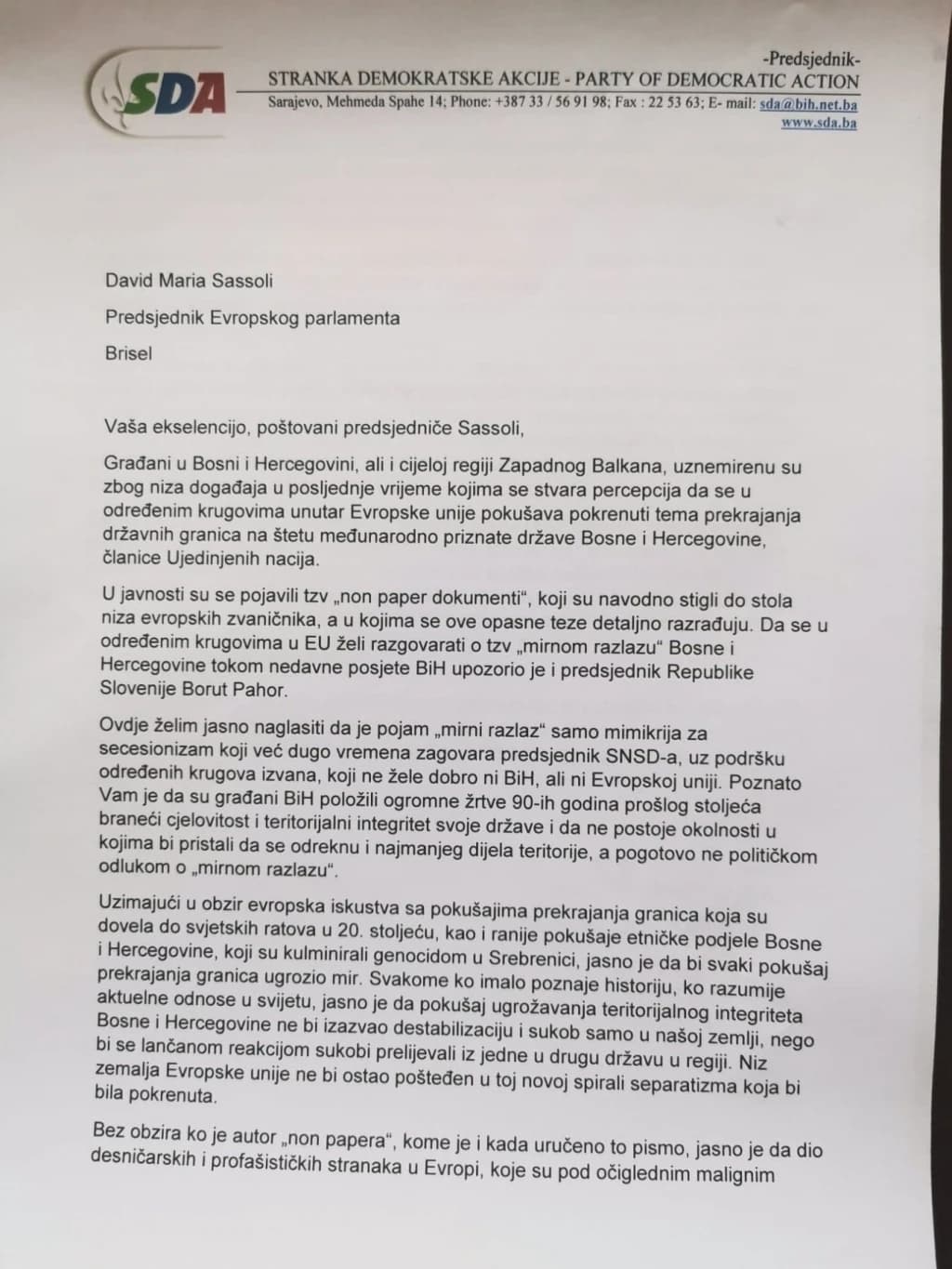 Izetbegović pisao Sassoliju i Tusku: Oni koji zagovaraju politiku iz "non-papera" udaraju na same temelje EU-a