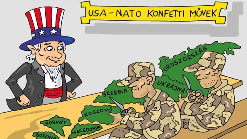 crtež raspada Jugoslavije u mađarskim udžbenicima