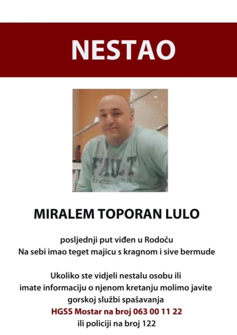 Gorske službe spašavanja traže nestalog Miralema Toporana, posljednji put viđen u subotu uvečer