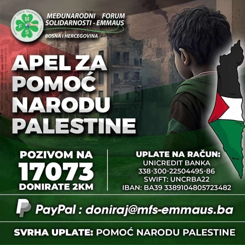 MFS-EMMAUS pokrenuo apel za pomoć narodu Palestine: Pozivom na broj 17073 donirate dvije marke