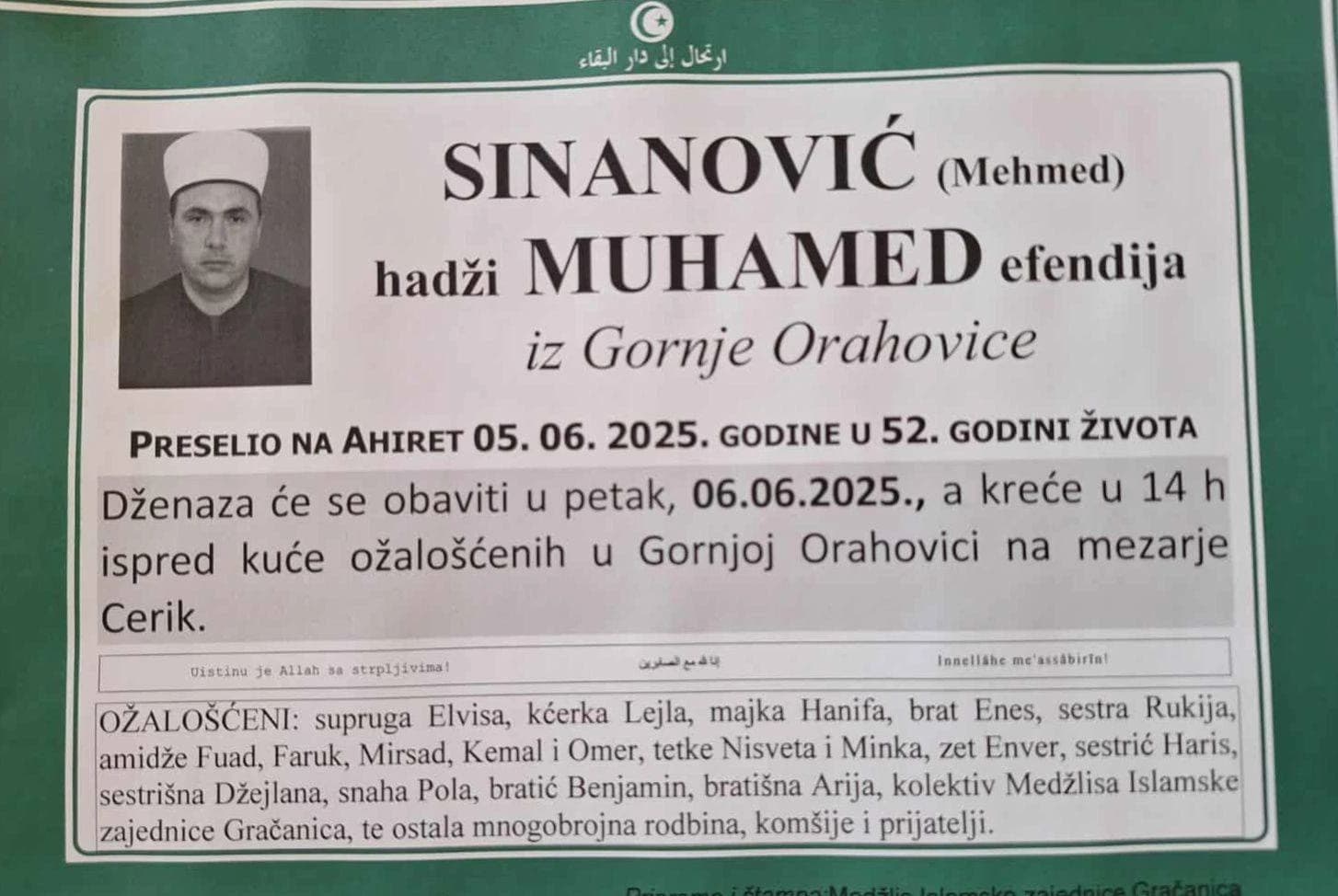 Posmrtnica ef. Sinanovića