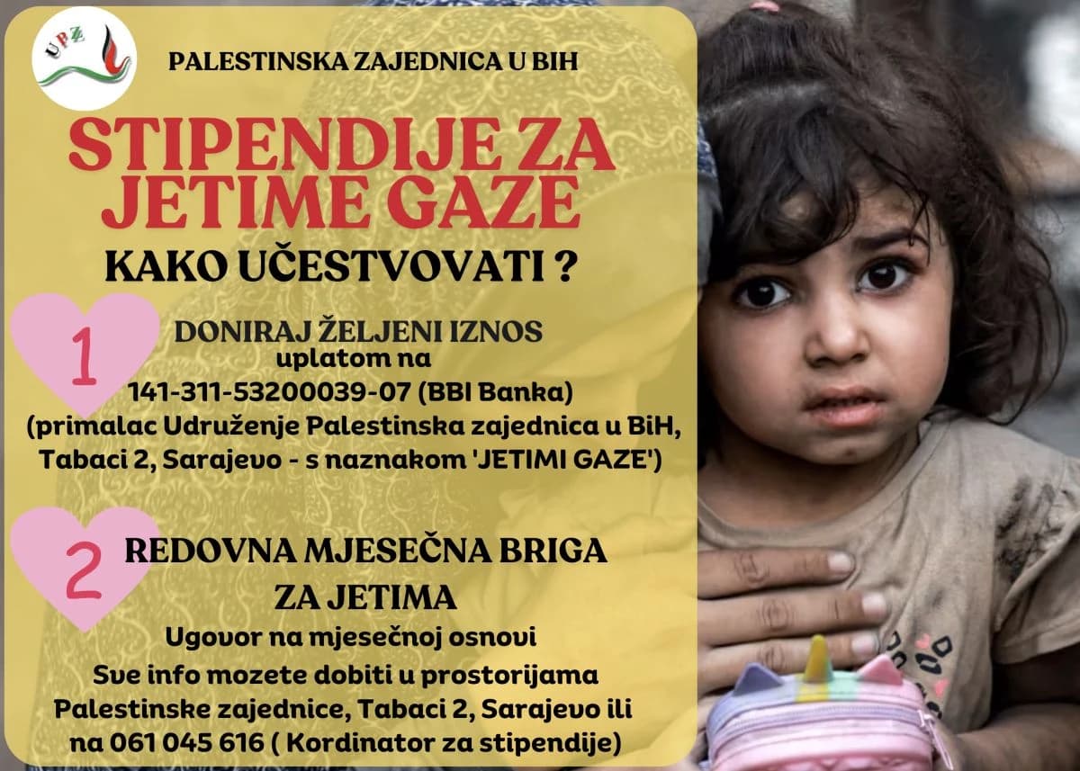 Palestinska zajednica u BiH realizira projekt "Sponzorstvo jetima", stipendiranje djece u Gazi