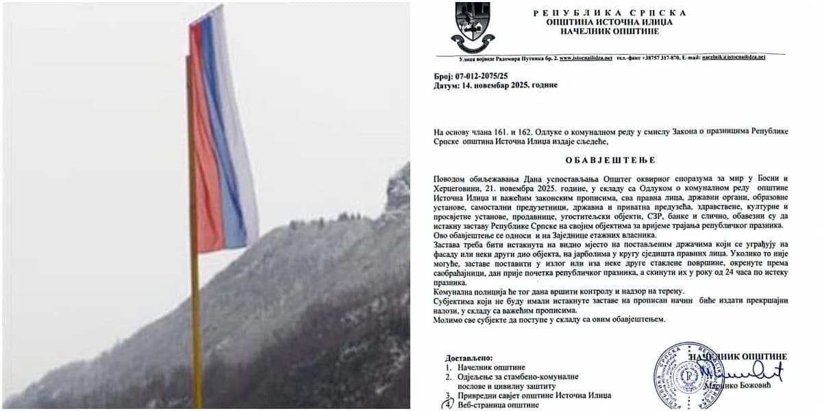 Općina Istočna Ilidža naredila da se 21. novembra istaknu zastave bh. entiteta RS: Ko to ne uradi, bit će kažnjen