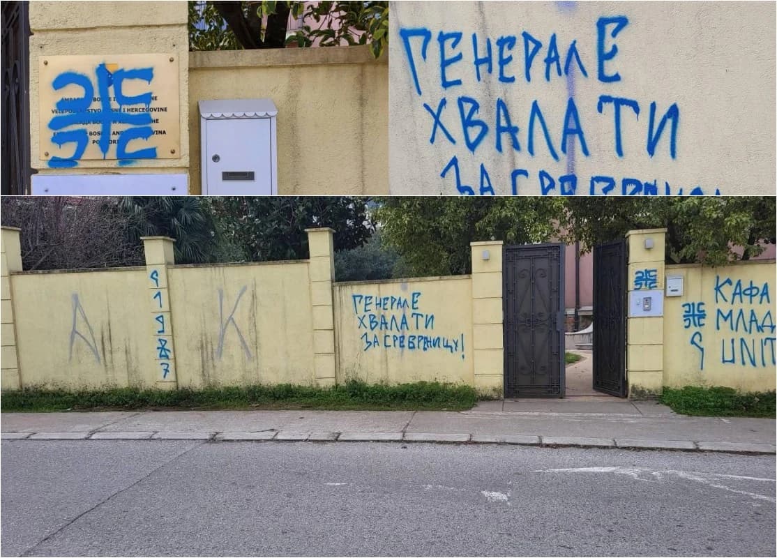 Na Ambasadi BiH u Podgorici grafiti koji glorifikuju Mladića i genocid u Srebrenici