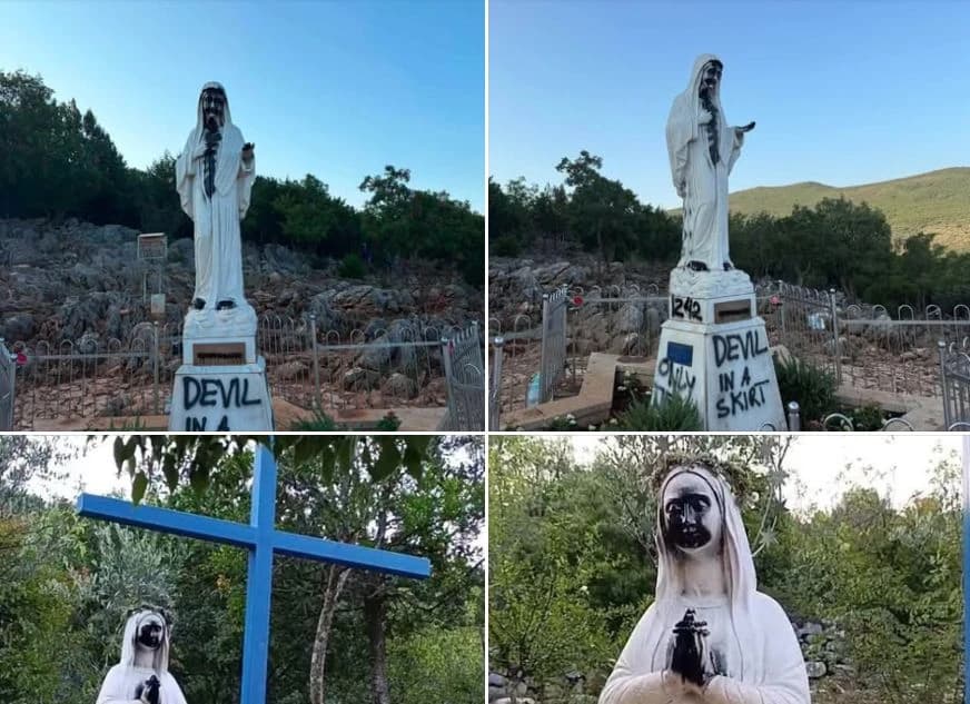 Oštećen kip Gospe u Međugorju, ispisani uvredljivi grafiti i izbio požar kod crkve