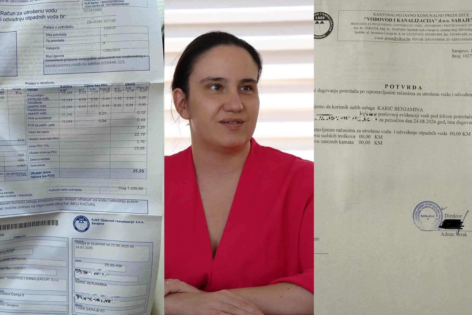 Benjamina Karić godinama nije plaćala vodu pa je ceh dosegao 1.200 KM, dostavila nam je potvrdu da nema duga