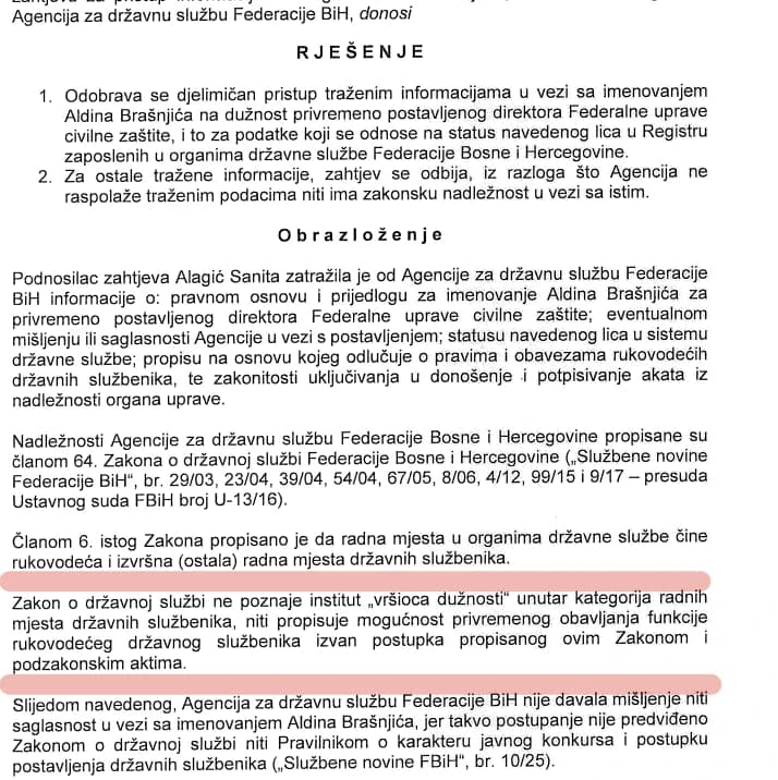 Rješenje Agencije za državnu službu FBiH